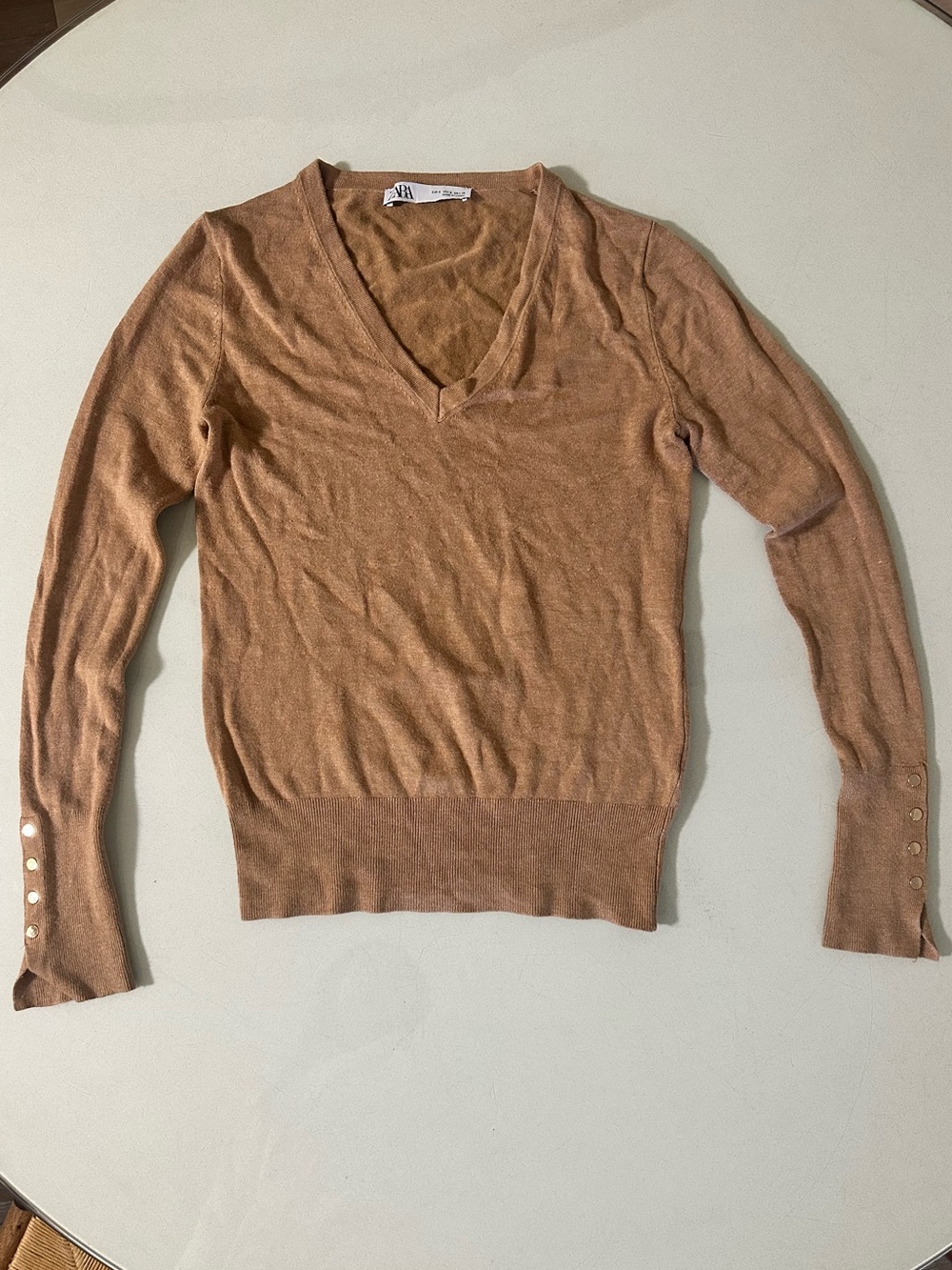 Zara Camel V Neck Knit Sweater Gold Button Sleeves Size S